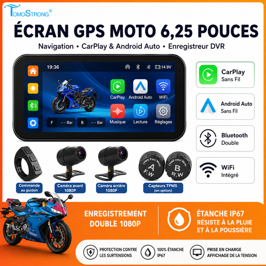 GPS Moto 6,25" avec CarPlay & Android Auto Sans Fil – Écran Étanche IP67, DVR Caméra Enregistreur, WiFi, Navigation Moto
