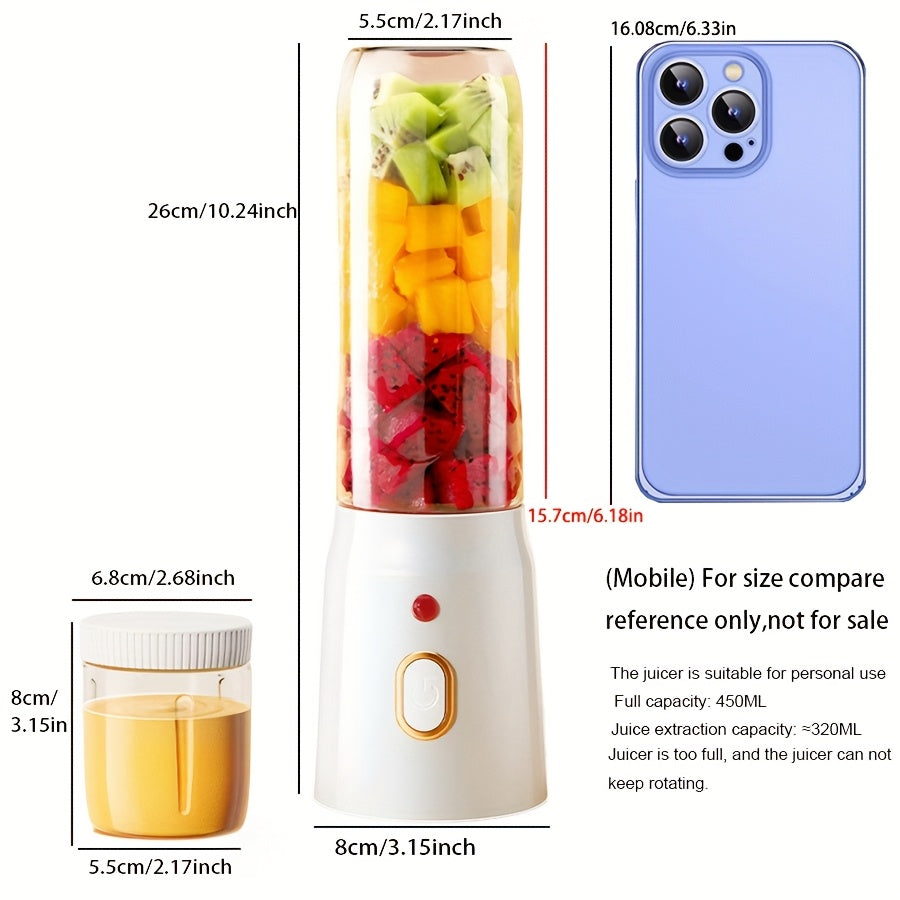 Mini blender portable rechargeable USB Blinder, 1 pièce, 450 ml, avec 2 gobelets inclus, sans fil et facile à transporter, livré avec un couvercle de gobelet sport en bonus, format individuel idéal pour les smoothies et les milkshakes.