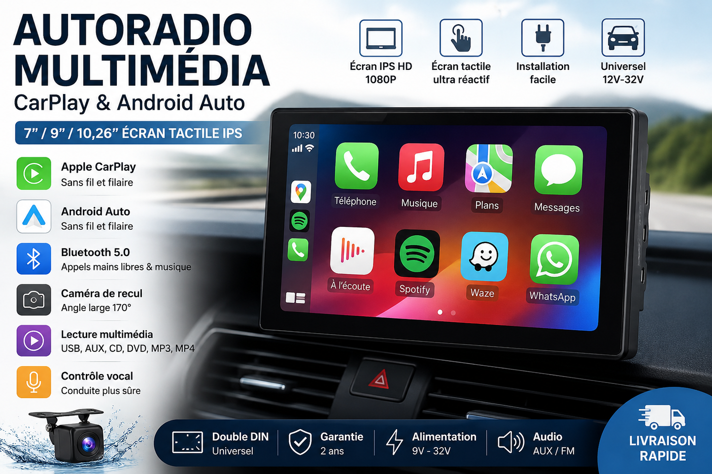 Autoradio multimédia Pionray 7/9/10,26 pouces compatible CarPlay et Android Auto, écran tactile IPS, prise en charge AUX, USB et caméra de recul
