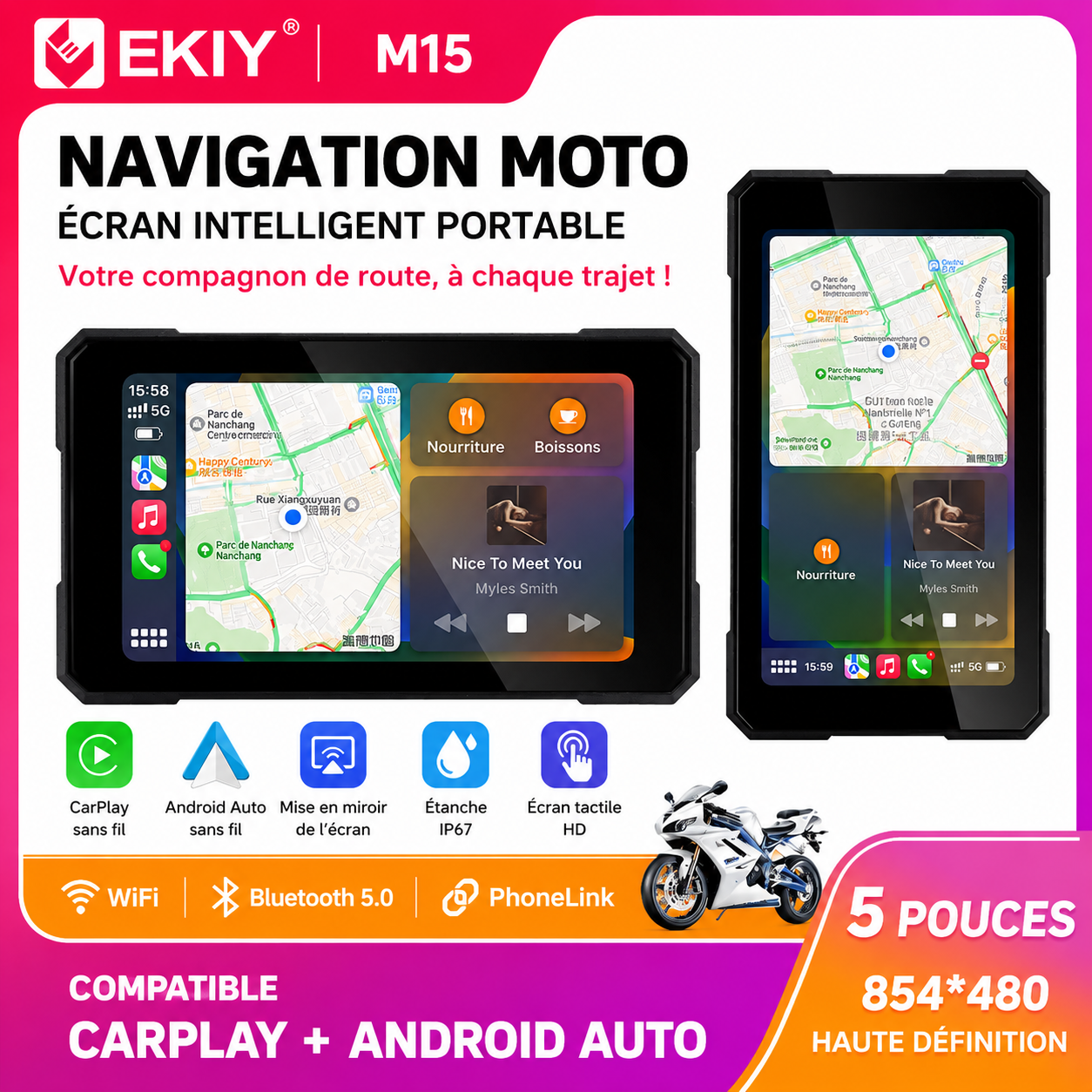 Écran Moto GPS 5” Sans Fil CarPlay & Android Auto – Tableau de Bord Numérique Portable, Navigation GPS, Écran Amovible Étanche pour Moto