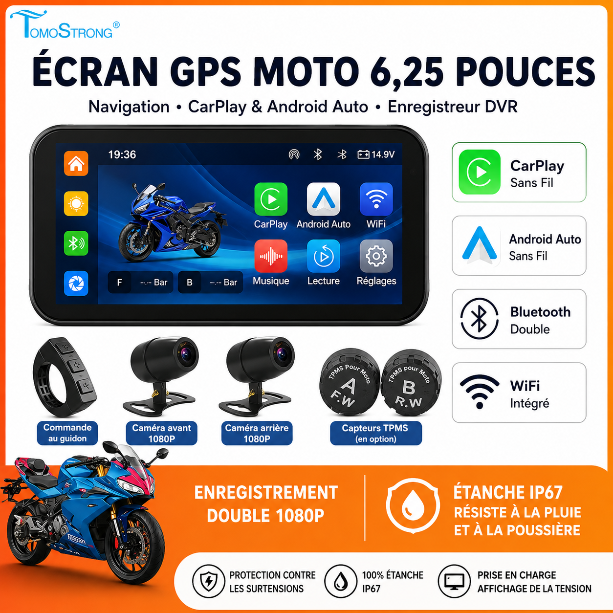 GPS Moto 6,25" avec CarPlay & Android Auto Sans Fil – Écran Étanche IP67, DVR Caméra Enregistreur, WiFi, Navigation Moto