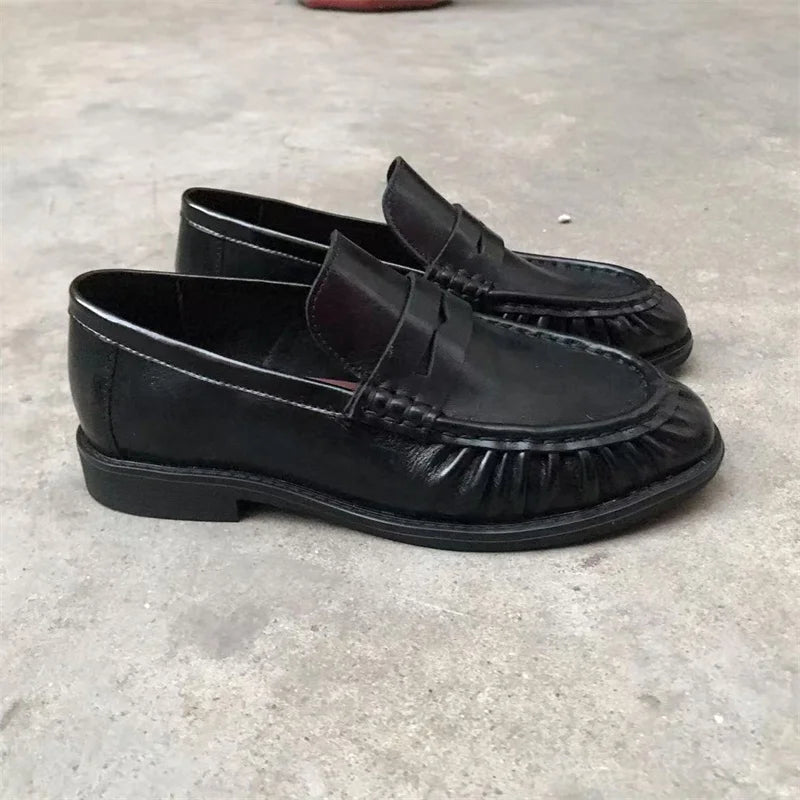 Nouvelles chaussures plates rétro françaises en cuir de veau véritable, fabriquées à la main, semelle en caoutchouc Le Fu pour femme, confortables et décontractées, faciles à enfiler.