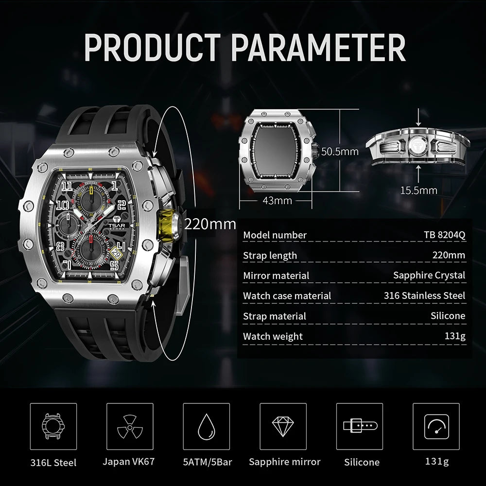 Montre Tonneau Luxe Homme – Acier Inoxydable Étanche