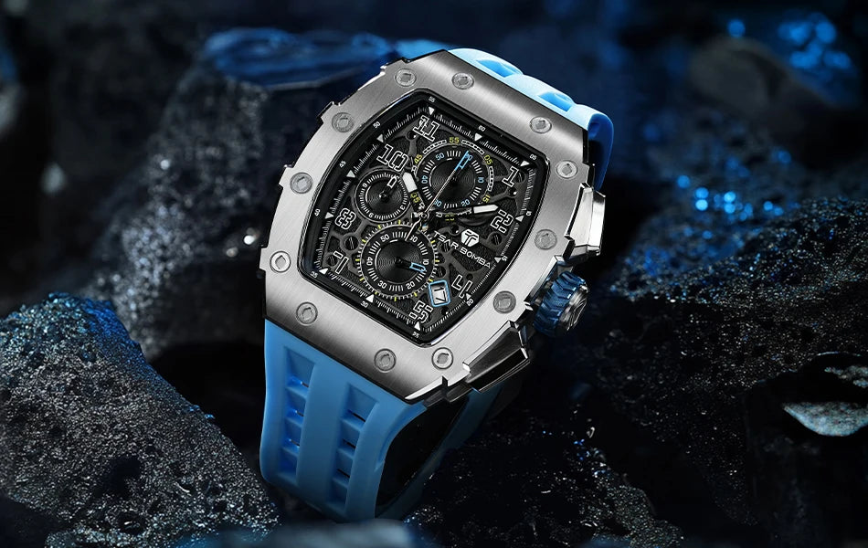Montre Tonneau Luxe Homme – Acier Inoxydable Étanche