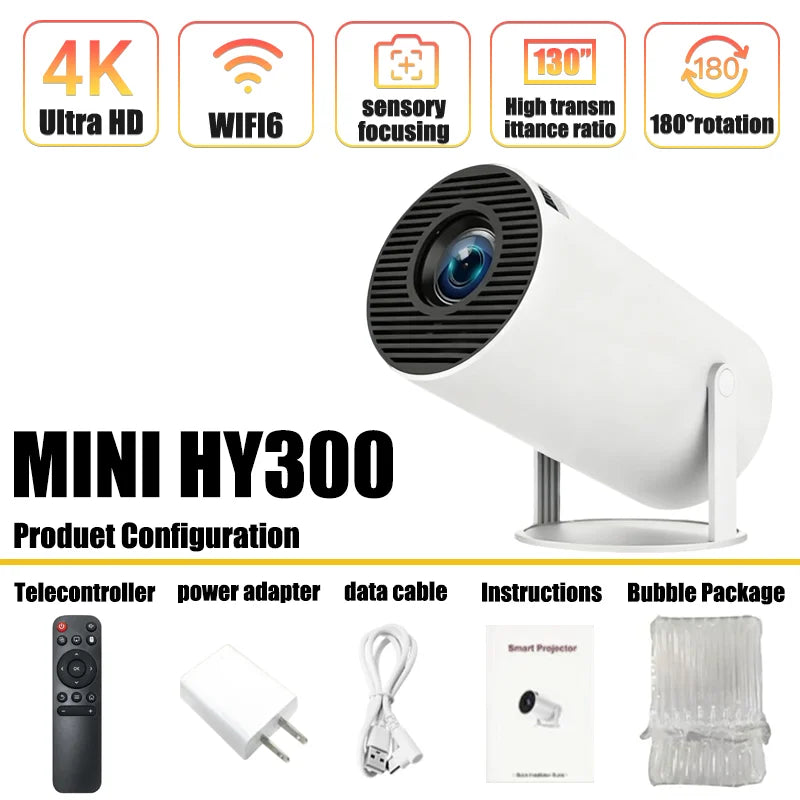 Mini Projecteur Home Cinéma HY300 4K Ultra HD – 300 ANSI, Android 11, Bluetooth 5.4, Mise au Point Électronique, Haut-Parleur Intégré