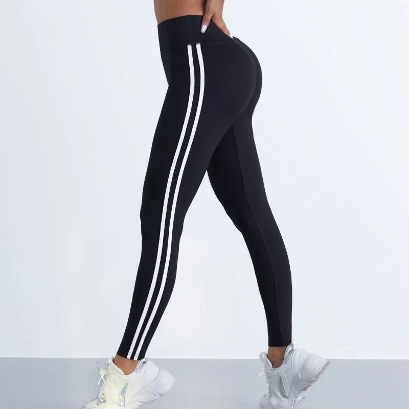 Leggings de yoga pour femmes, rayés, coupe slim, pantalon de sport taille haute, effet push-up, collant décontracté, idéal pour le sport, la course à pied et la gym.