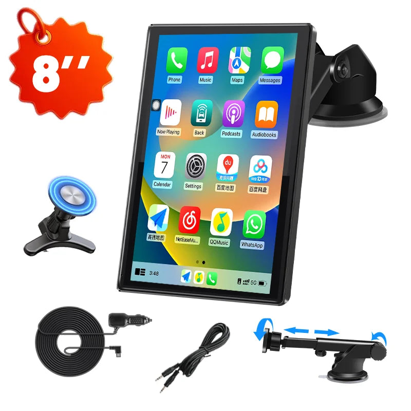 Autoradio écran universel 7/8/9" pour rétroviseur, orientation portrait, compatible CarPlay sans fil et Android Auto, lecteur multimédia vidéo