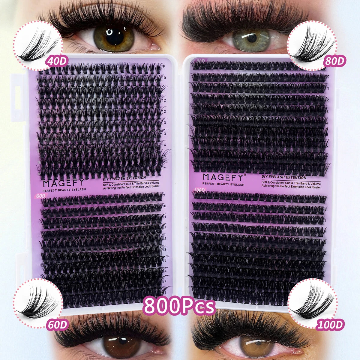Kit d'extensions de cils MAGEFY à faire soi-même : 800 extensions de cils en touffes de 80D/100D, cils individuels fins (9-18 mm).