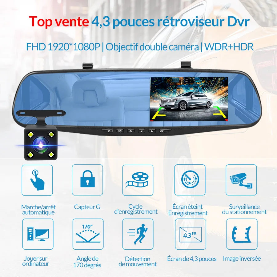 Dashcam, double caméra 1080P avant et intérieure, avec Vision nocturne IR, enregistrement en boucle, caméra DVR de voiture grand Angle.
