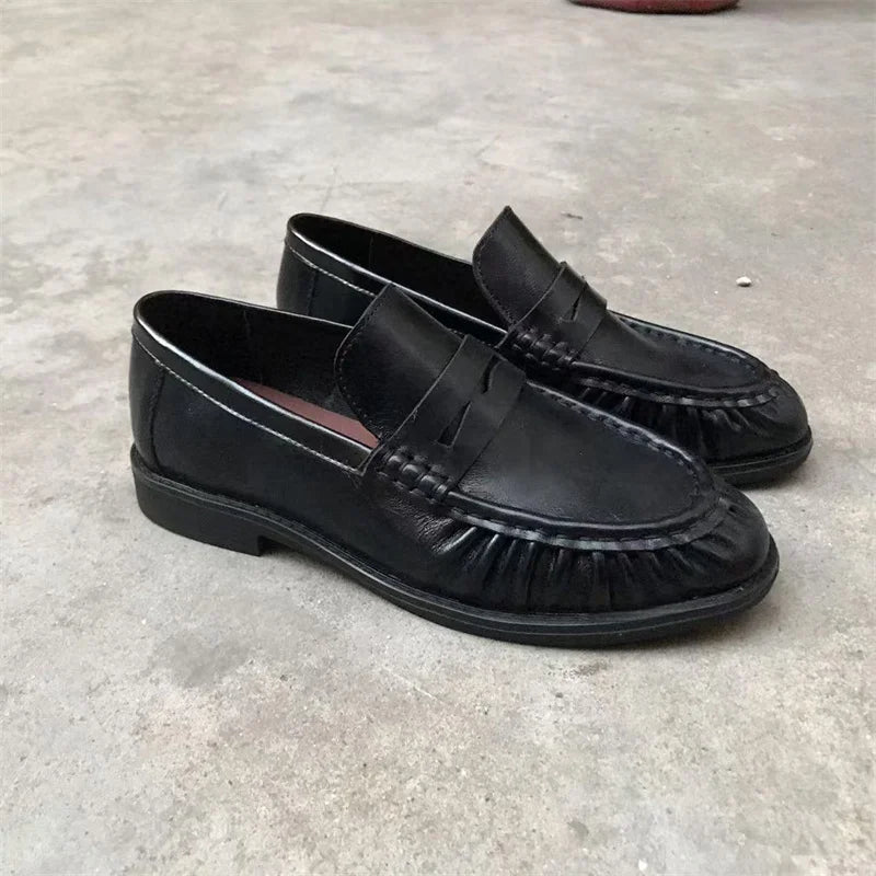 Nouvelles chaussures plates rétro françaises en cuir de veau véritable, fabriquées à la main, semelle en caoutchouc Le Fu pour femme, confortables et décontractées, faciles à enfiler.