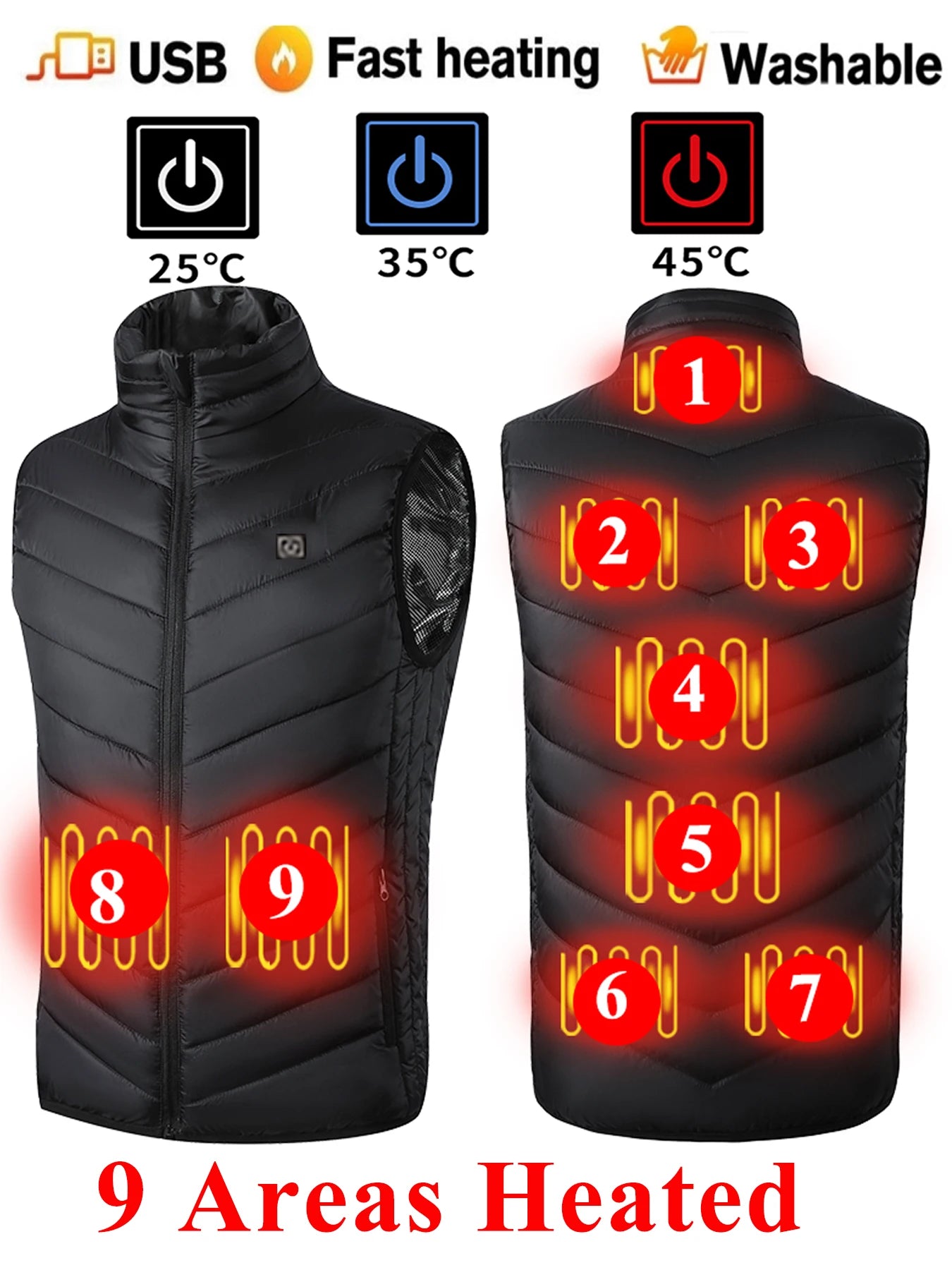 Gilet Chauffant Électrique 9 Zones – Veste Chauffante USB Unisexe pour Camping, Sport & Hiver