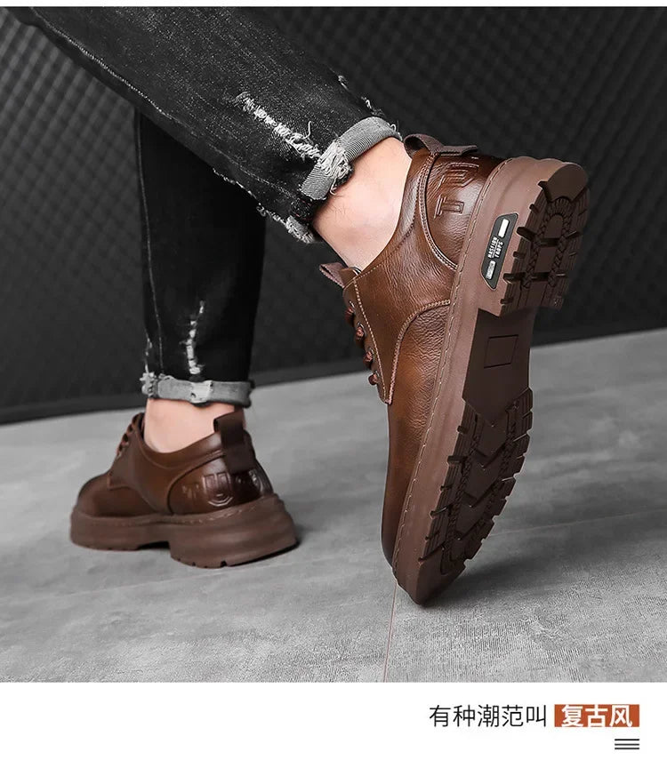 Chaussures décontractées en cuir pour hommes, chaussures à plateforme tendance et polyvalentes, chaussures de ville respirantes en cuir pour hommes