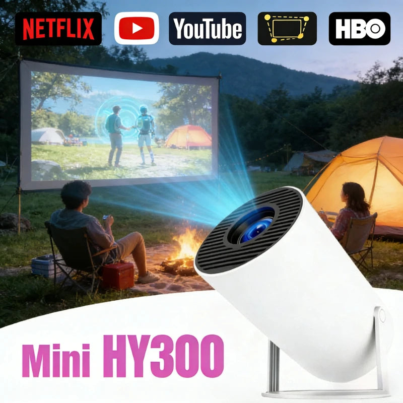 Mini Projecteur Home Cinéma HY300 4K Ultra HD – 300 ANSI, Android 11, Bluetooth 5.4, Mise au Point Électronique, Haut-Parleur Intégré