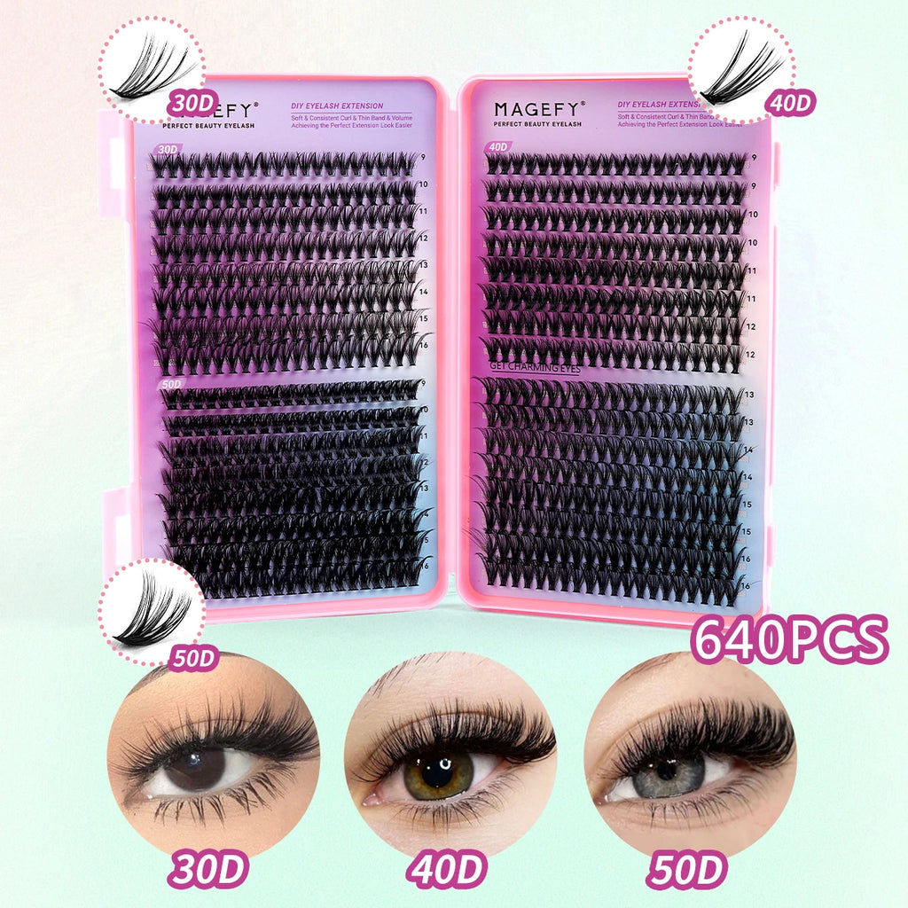 Kit d'extensions de cils MAGEFY à faire soi-même : 800 extensions de cils en touffes de 80D/100D, cils individuels fins (9-18 mm).