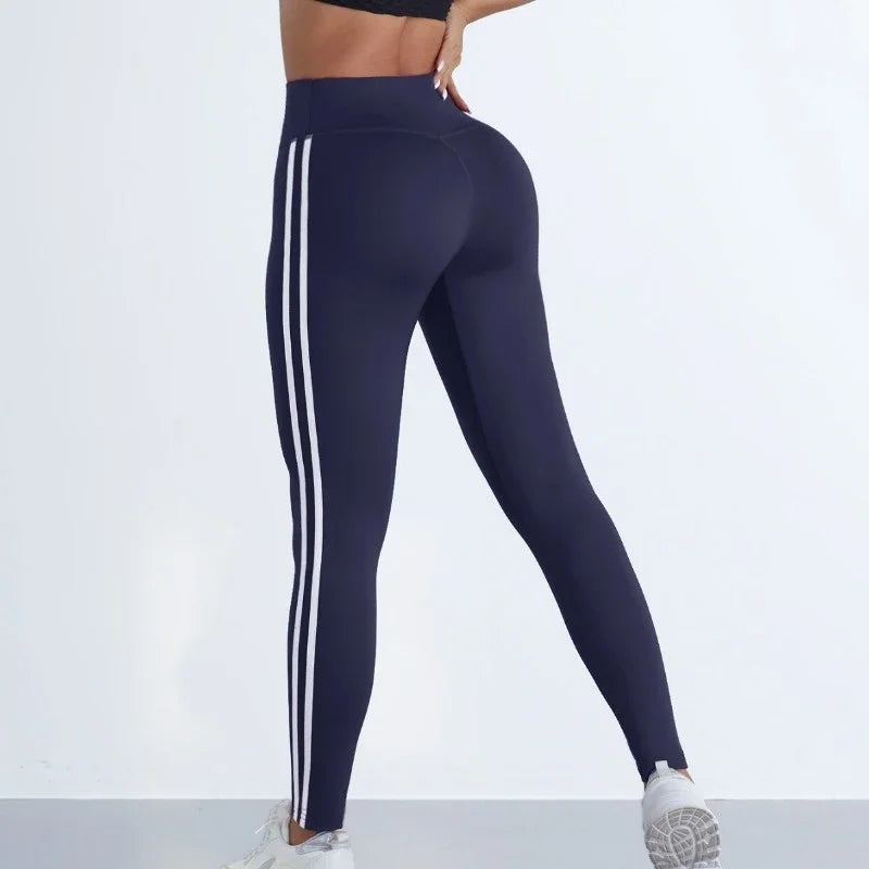 Leggings de yoga pour femmes, rayés, coupe slim, pantalon de sport taille haute, effet push-up, collant décontracté, idéal pour le sport, la course à pied et la gym.