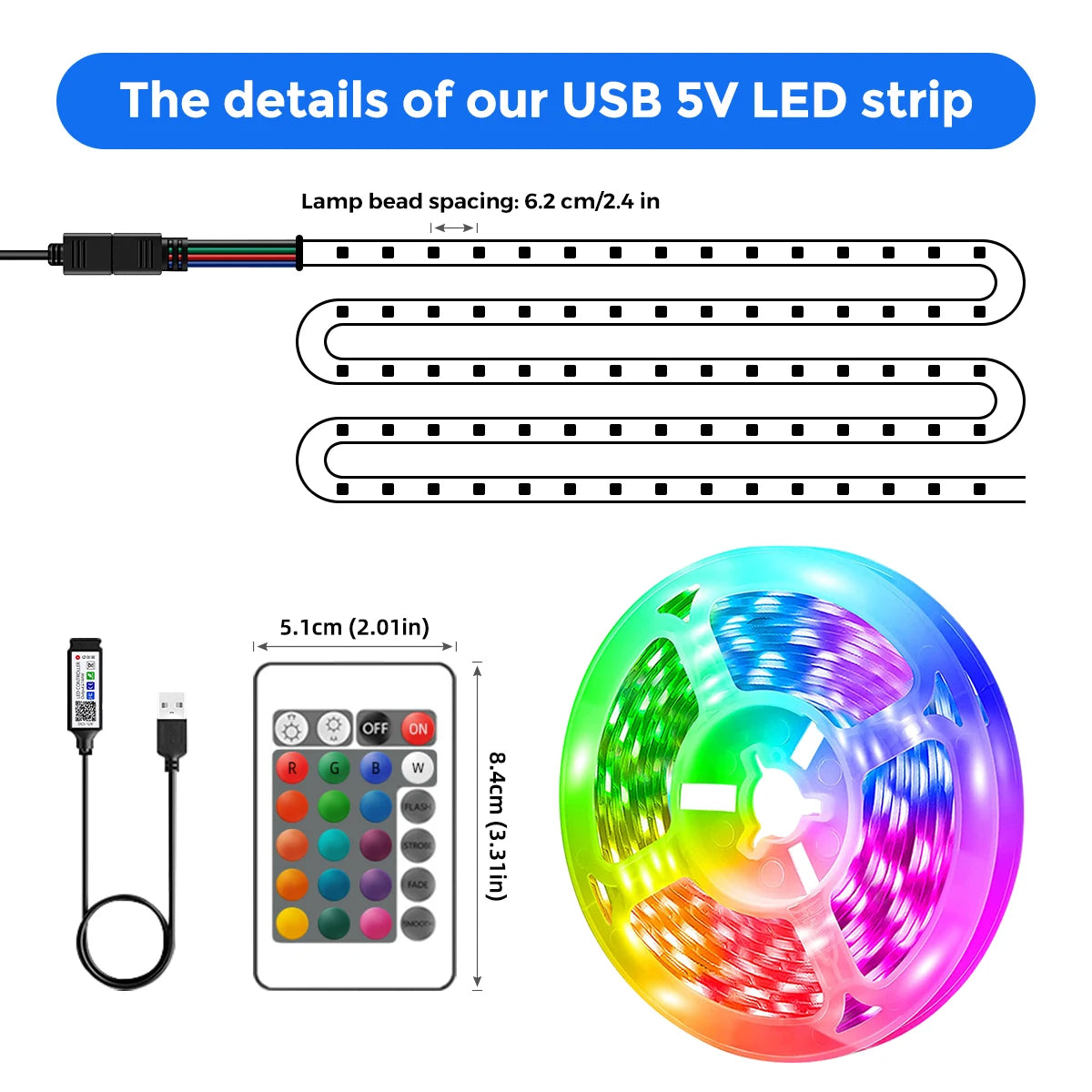 Bande LED RGB, 5V, 1M-30M, 16 millions de couleurs, RGB, synchronisation musicale, changement de couleur pour fêtes et maison