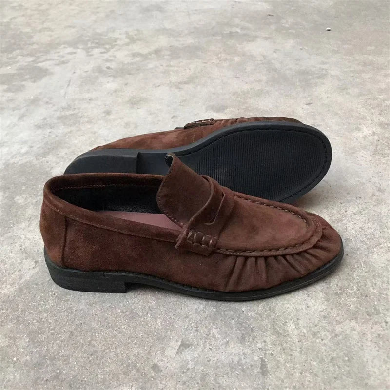 Nouvelles chaussures plates rétro françaises en cuir de veau véritable, fabriquées à la main, semelle en caoutchouc Le Fu pour femme, confortables et décontractées, faciles à enfiler.