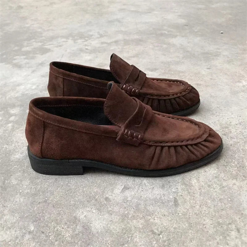 Nouvelles chaussures plates rétro françaises en cuir de veau véritable, fabriquées à la main, semelle en caoutchouc Le Fu pour femme, confortables et décontractées, faciles à enfiler.