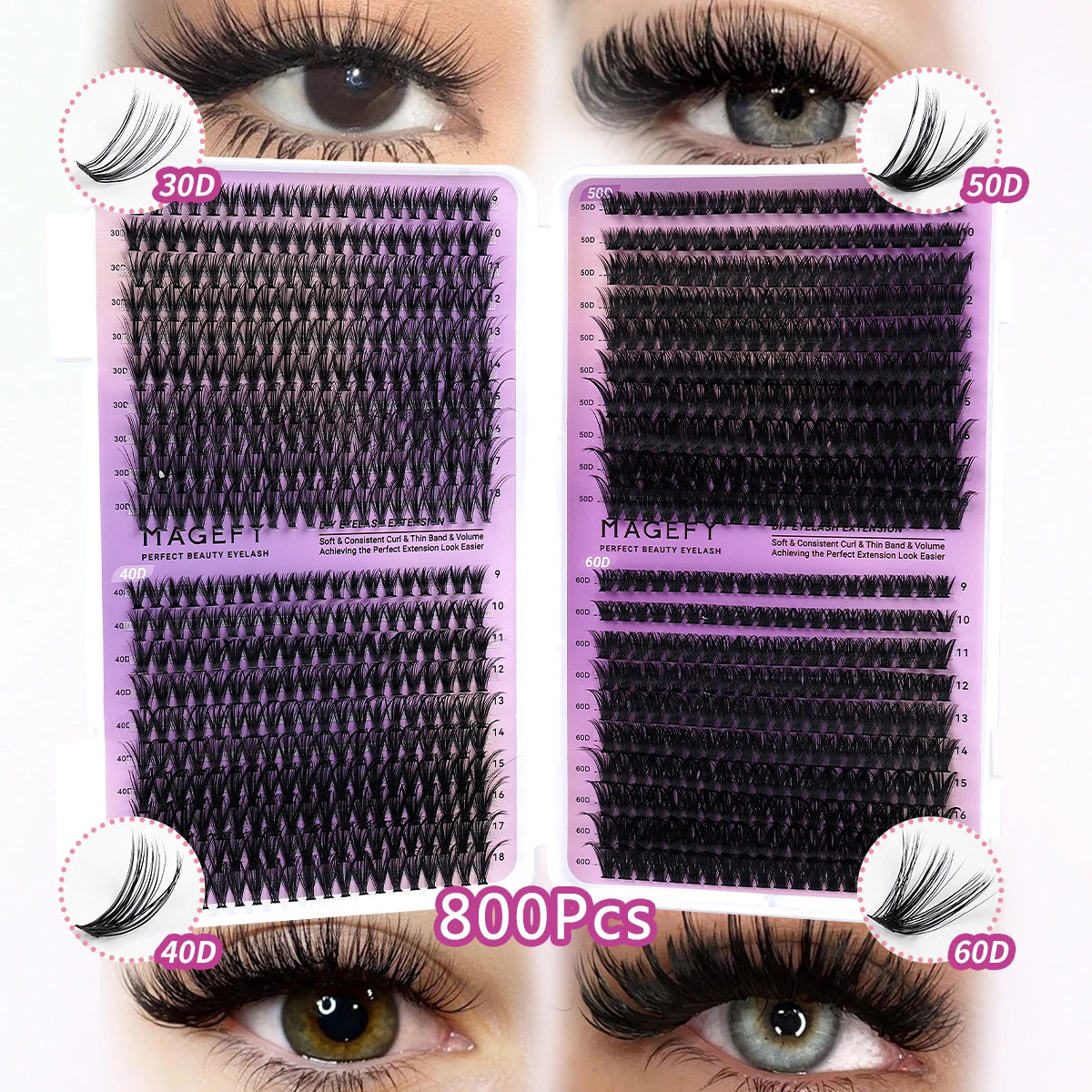 Kit d'extensions de cils MAGEFY à faire soi-même : 800 extensions de cils en touffes de 80D/100D, cils individuels fins (9-18 mm).