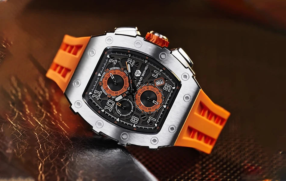 Montre Tonneau Luxe Homme – Acier Inoxydable Étanche
