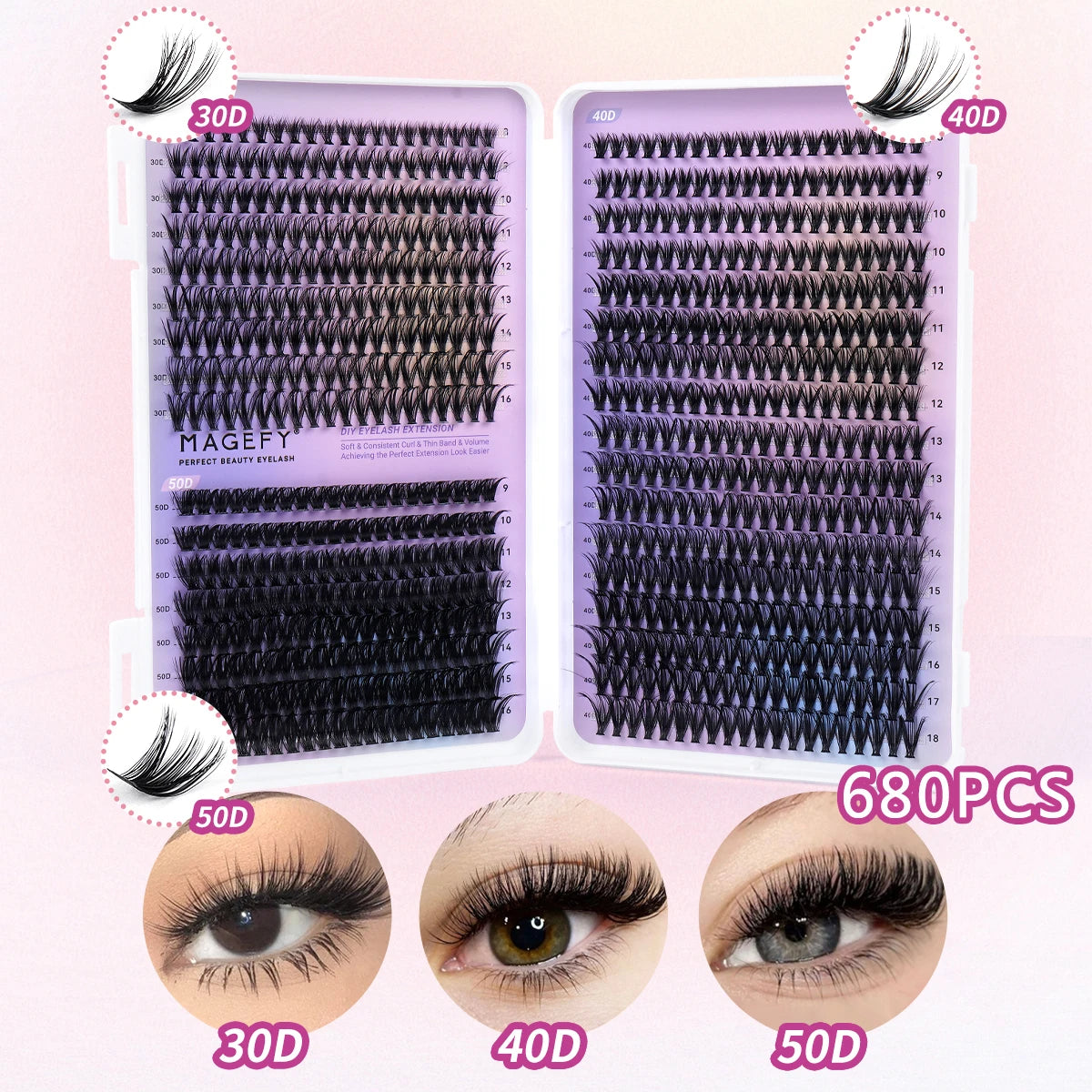 Kit d'extensions de cils MAGEFY à faire soi-même : 800 extensions de cils en touffes de 80D/100D, cils individuels fins (9-18 mm).