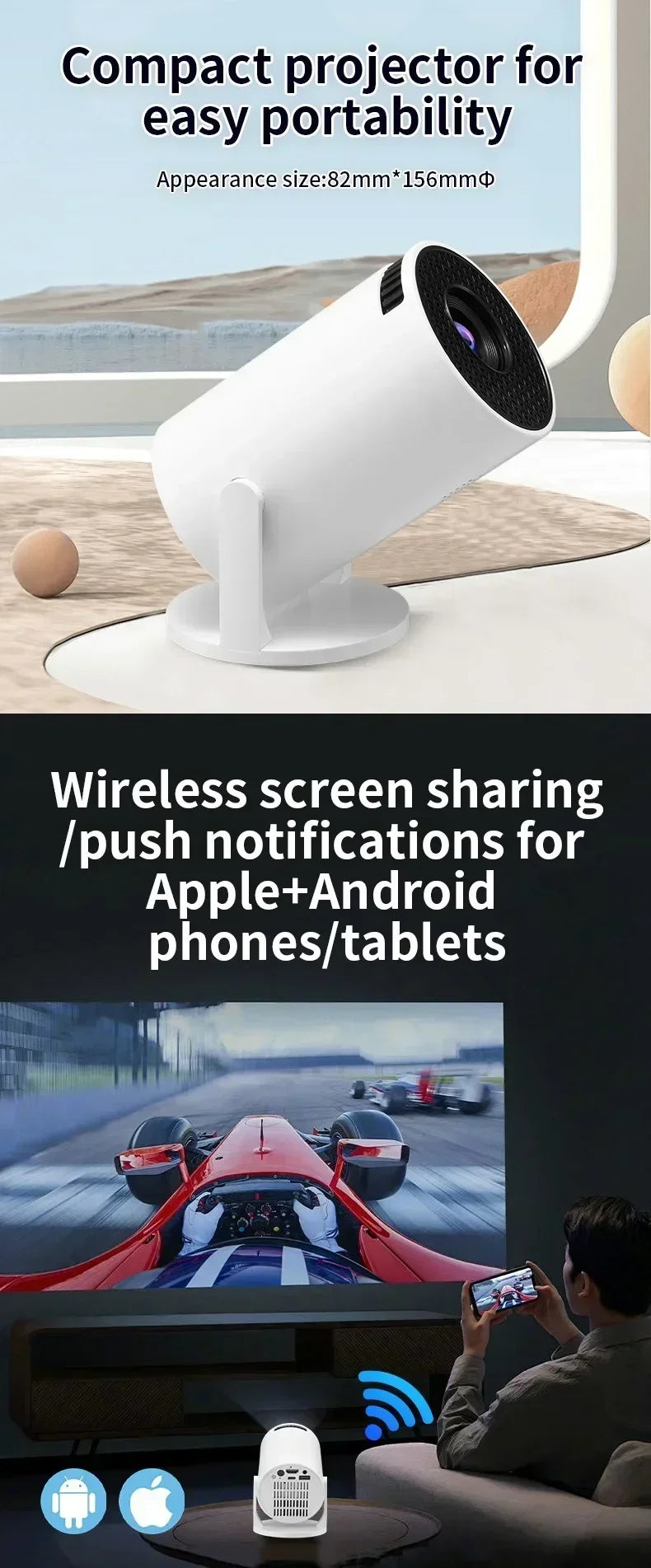 Mini Projecteur Home Cinéma HY300 4K Ultra HD – 300 ANSI, Android 11, Bluetooth 5.4, Mise au Point Électronique, Haut-Parleur Intégré