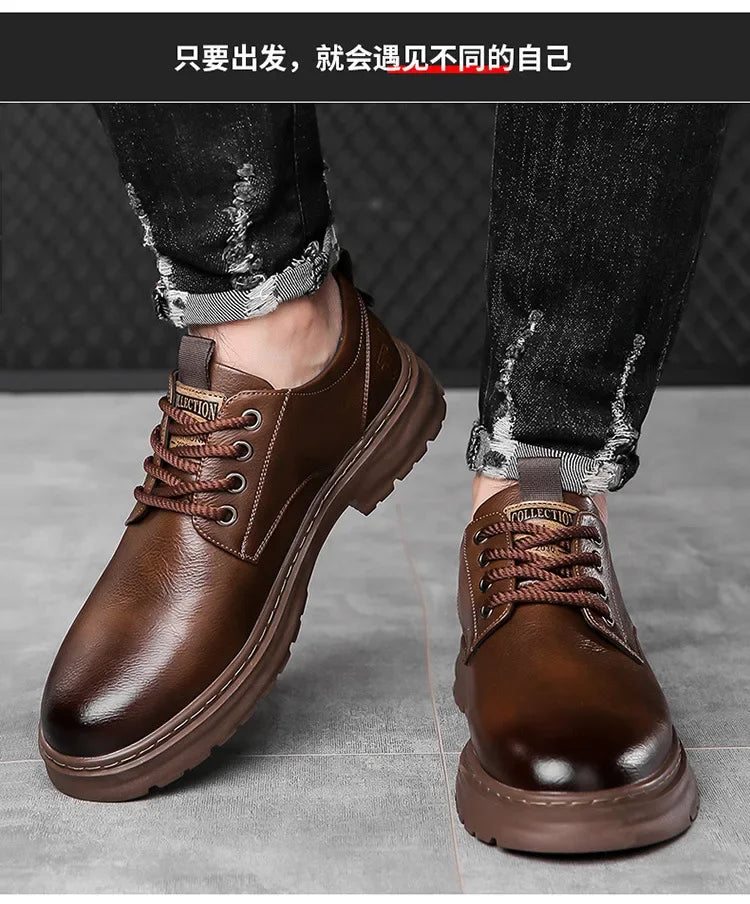 Chaussures décontractées en cuir pour hommes, chaussures à plateforme tendance et polyvalentes, chaussures de ville respirantes en cuir pour hommes