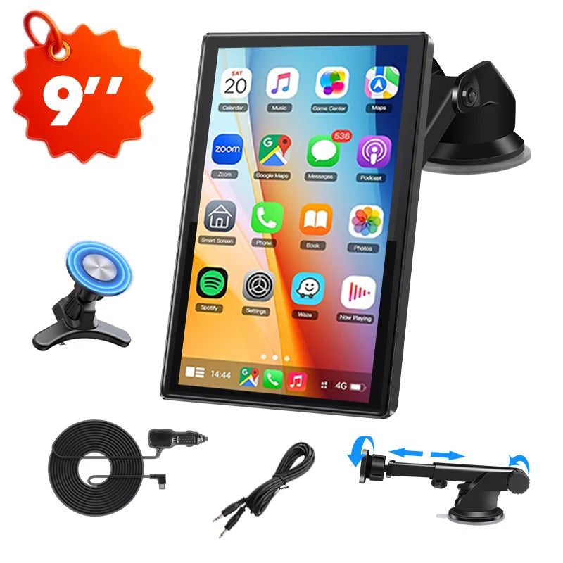 Autoradio écran universel 7/8/9" pour rétroviseur, orientation portrait, compatible CarPlay sans fil et Android Auto, lecteur multimédia vidéo