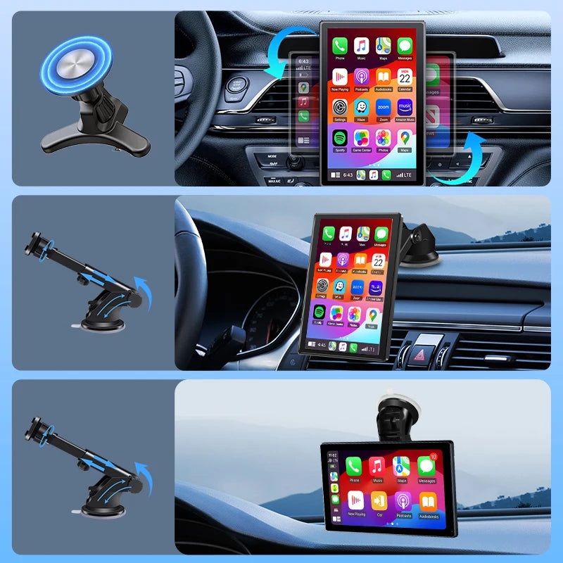 Autoradio écran universel 7/8/9" pour rétroviseur, orientation portrait, compatible CarPlay sans fil et Android Auto, lecteur multimédia vidéo