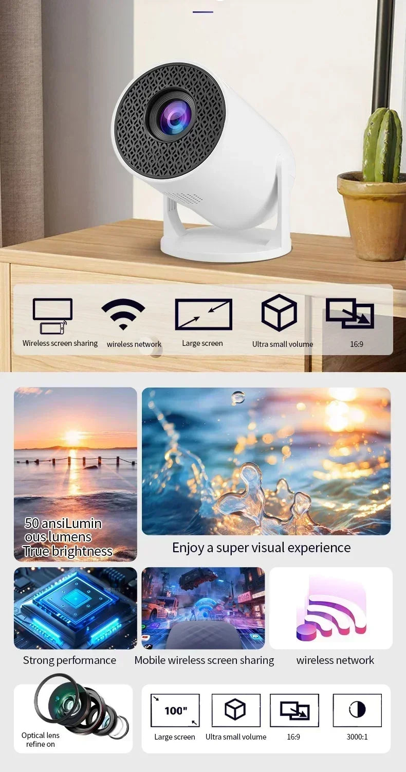 Mini Projecteur Home Cinéma HY300 4K Ultra HD – 300 ANSI, Android 11, Bluetooth 5.4, Mise au Point Électronique, Haut-Parleur Intégré