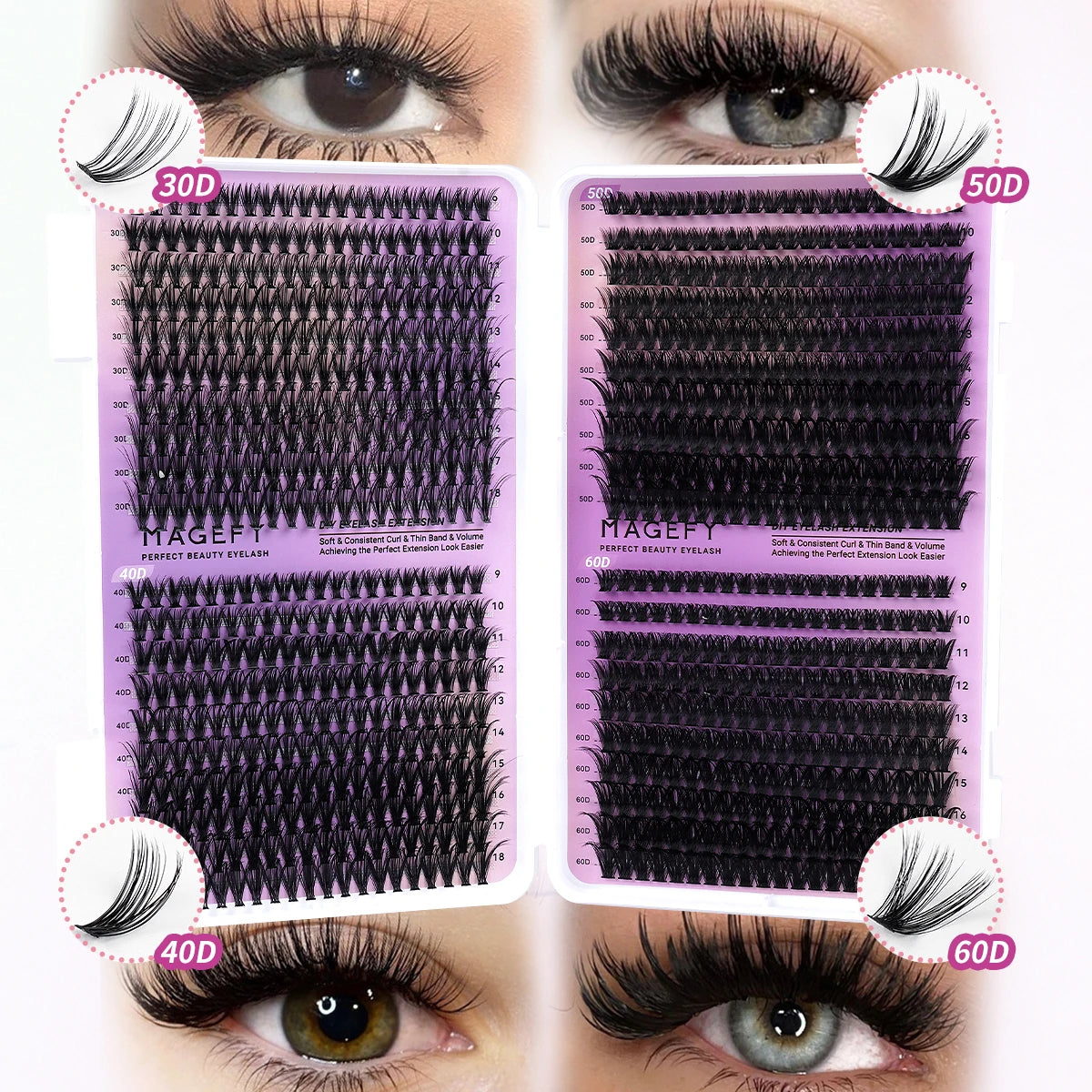 Kit d'extensions de cils MAGEFY à faire soi-même : 800 extensions de cils en touffes de 80D/100D, cils individuels fins (9-18 mm).
