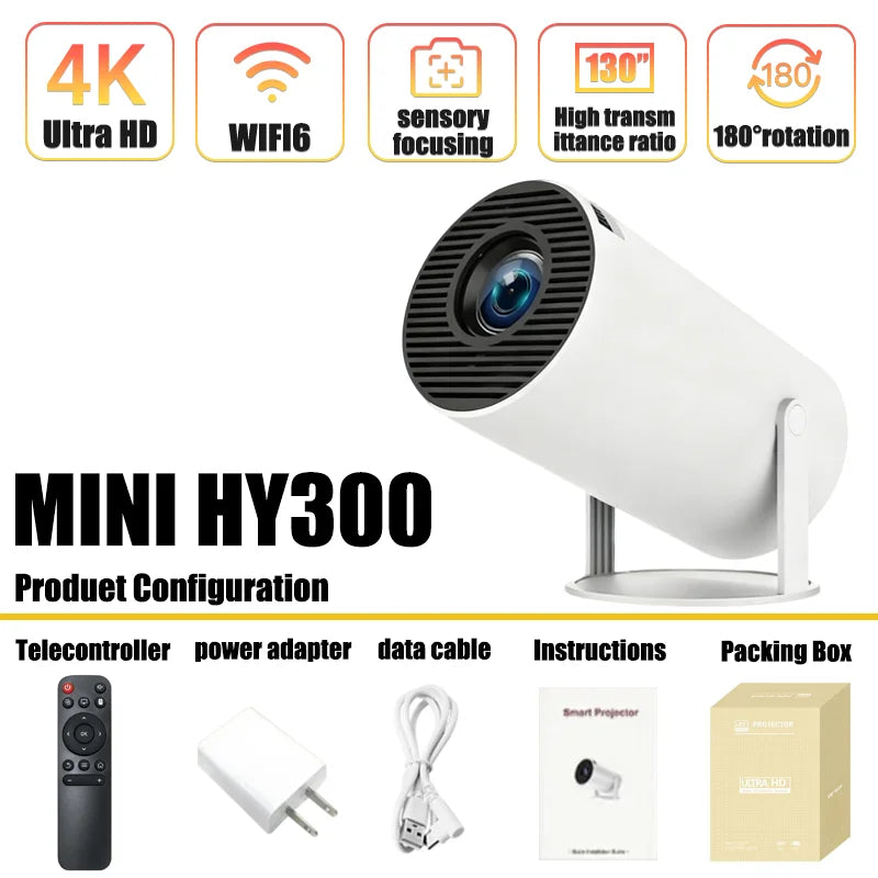 Mini Projecteur Home Cinéma HY300 4K Ultra HD – 300 ANSI, Android 11, Bluetooth 5.4, Mise au Point Électronique, Haut-Parleur Intégré