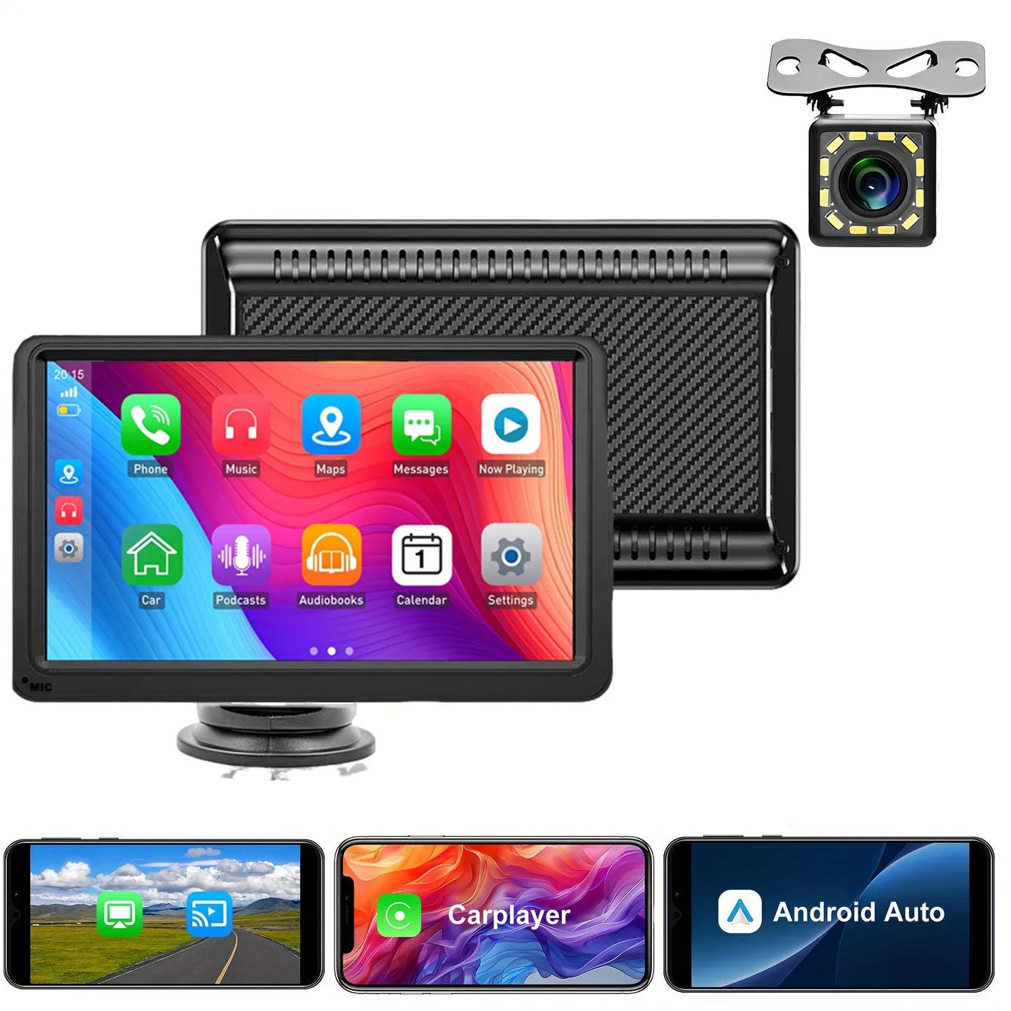 Écran CarPlay Portable 7” HD – Apple CarPlay & Android Auto Sans Fil, Bluetooth, GPS, Écran Tactile pour Voiture