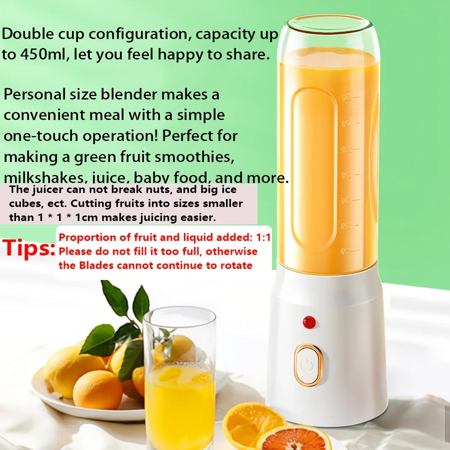 Mini blender portable rechargeable USB Blinder, 1 pièce, 450 ml, avec 2 gobelets inclus, sans fil et facile à transporter, livré avec un couvercle de gobelet sport en bonus, format individuel idéal pour les smoothies et les milkshakes.