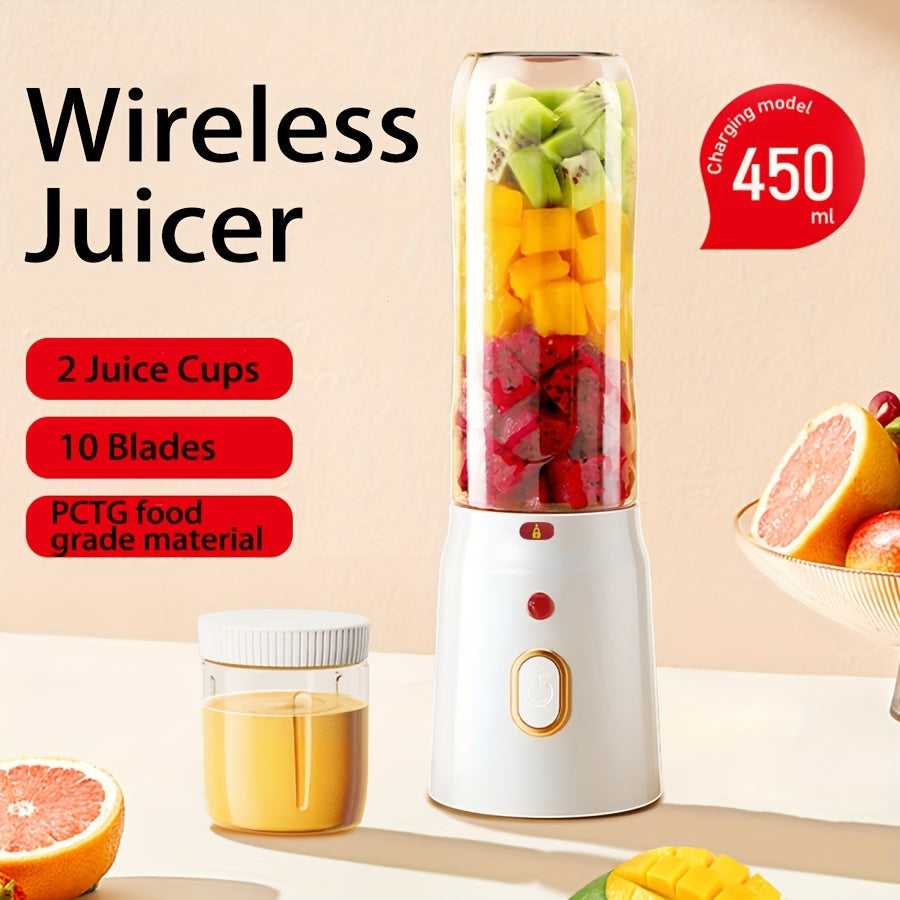 Mini blender portable rechargeable USB Blinder, 1 pièce, 450 ml, avec 2 gobelets inclus, sans fil et facile à transporter, livré avec un couvercle de gobelet sport en bonus, format individuel idéal pour les smoothies et les milkshakes.
